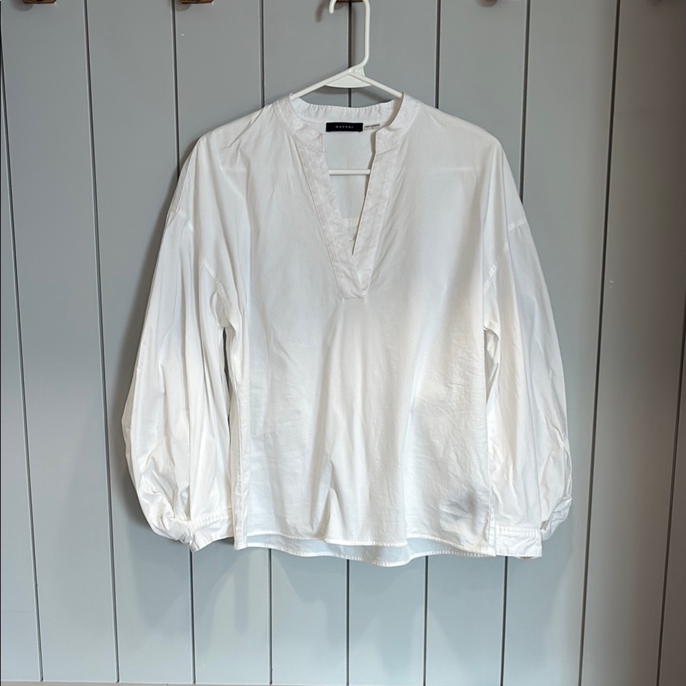 Natori White Long Sleeve Blouse with Mandarin Collar